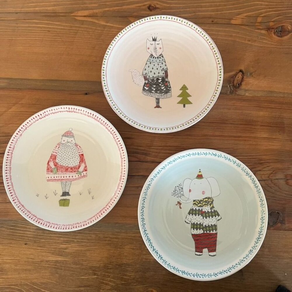 6 World Market Whimsical Christmas Plates 8 1/4" Santa Elephant Fox Cottage Core